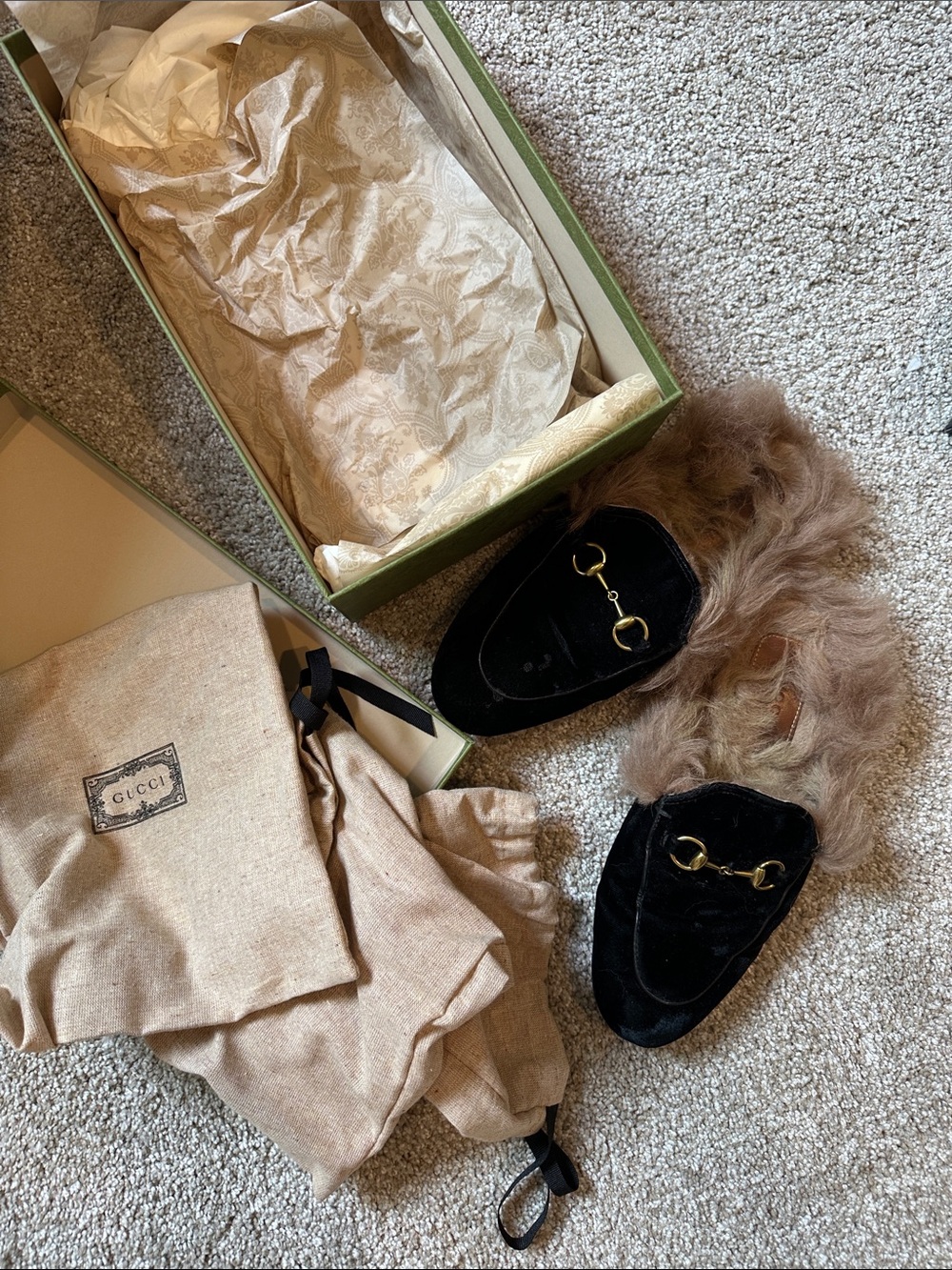 Gucci Black Velvet Fur-Trim Horsebit Mules